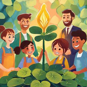 Un groupe de personnes de tout age autour d'une plante oxalis à 3 feuilles en guise de torche olympique style bande dessinée
